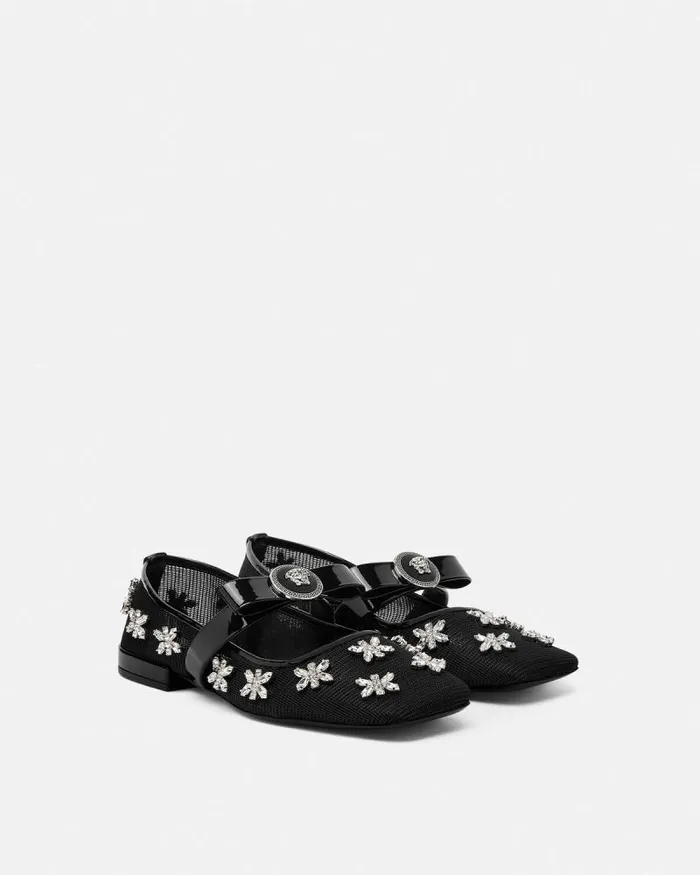 Crystal Mesh Gianni Ribbon Ballerinas Blacksilver Women Versace Loafers and Flats