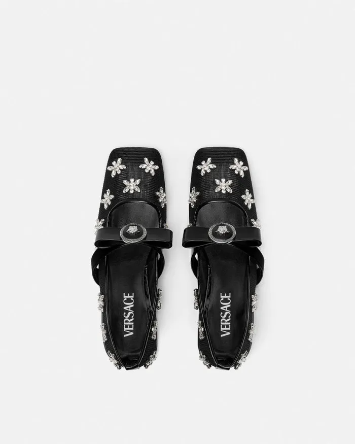 Crystal Mesh Gianni Ribbon Ballerinas Blacksilver Women Versace Loafers and Flats