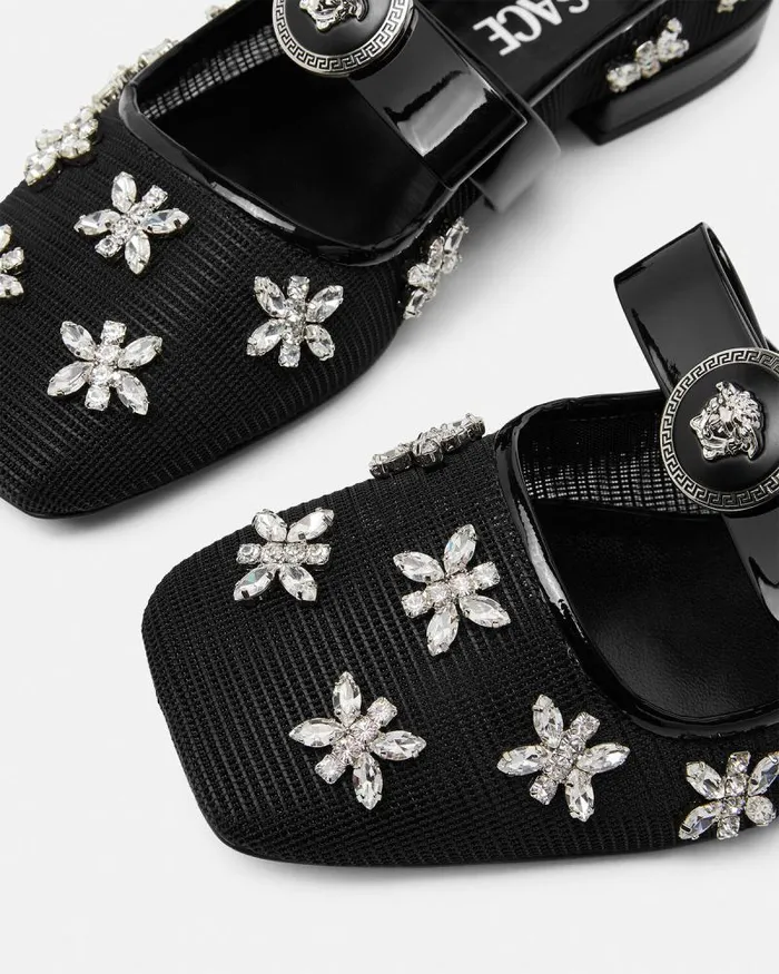 Crystal Mesh Gianni Ribbon Ballerinas Blacksilver Women Versace Loafers and Flats