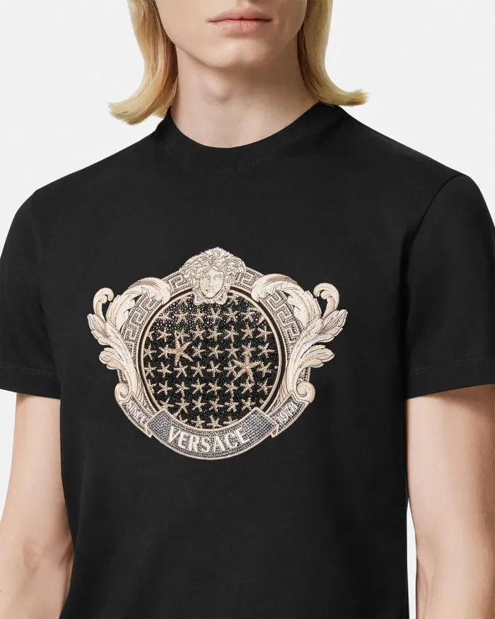 Crystal Starfish Blason TShirt Black Men Versace TShirts and Polos