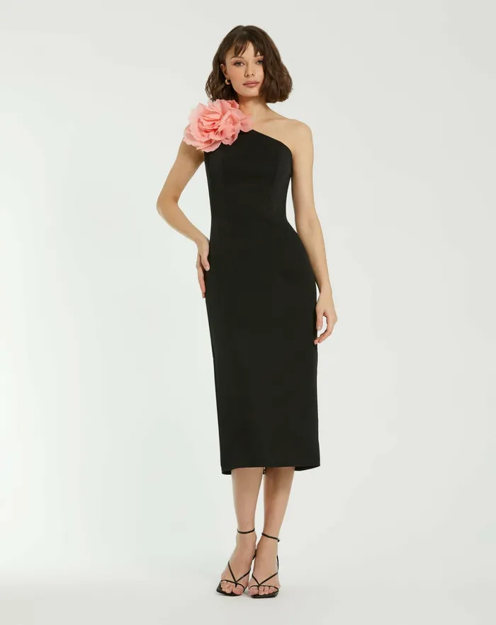 Daytime Dresses Crepe One Shoulder Midi Dress With Flower Black 8211 Mac Duggal Women Daytime Dresses Crepe One Shoulder Midi Dress With Flower Black 8211 Mac Duggal Women