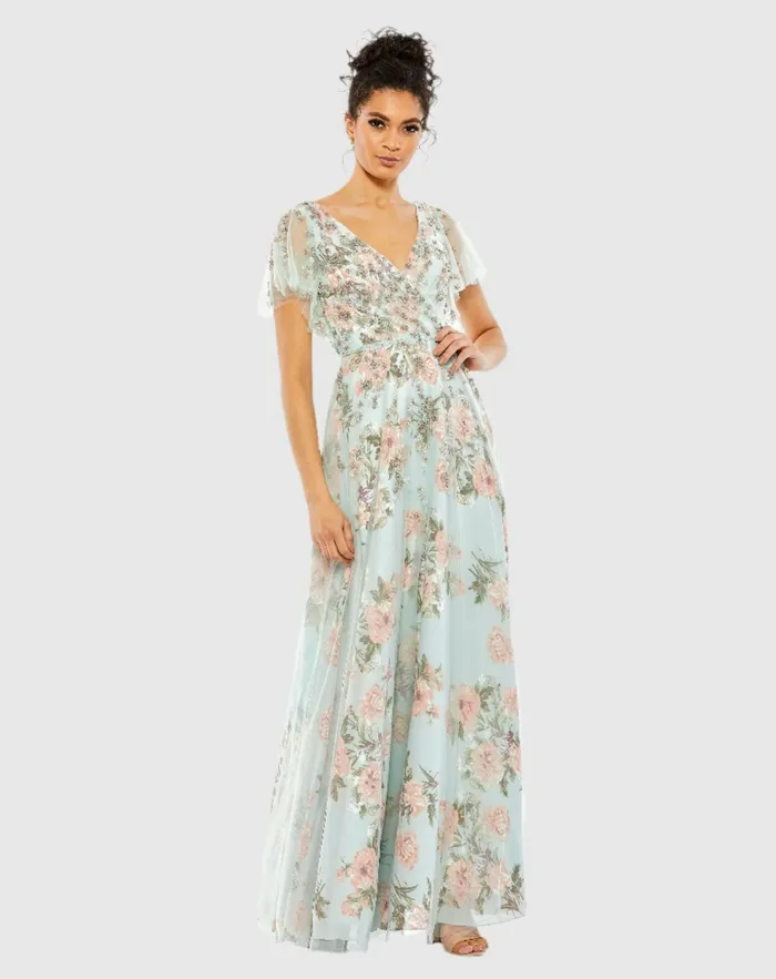 Daytime Dresses Floral Flutter Sleeve VNeck Maxi Dress Blue Multi 8211 Mac Duggal Women Daytime Dresses Floral Flutter Sleeve VNeck Maxi Dress Blue Multi 8211 Mac Duggal Women