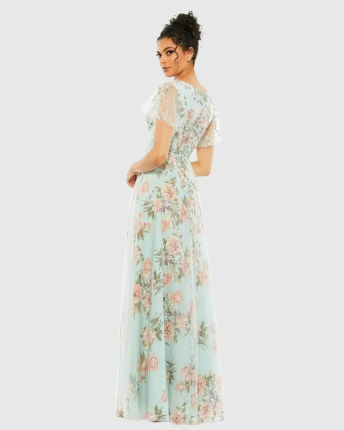 Daytime Dresses Floral Flutter Sleeve VNeck Maxi Dress Blue Multi 8211 Mac Duggal Women