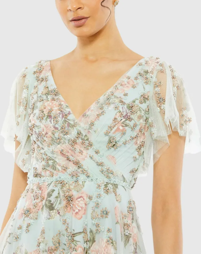 Daytime Dresses Floral Flutter Sleeve VNeck Maxi Dress Blue Multi 8211 Mac Duggal Women