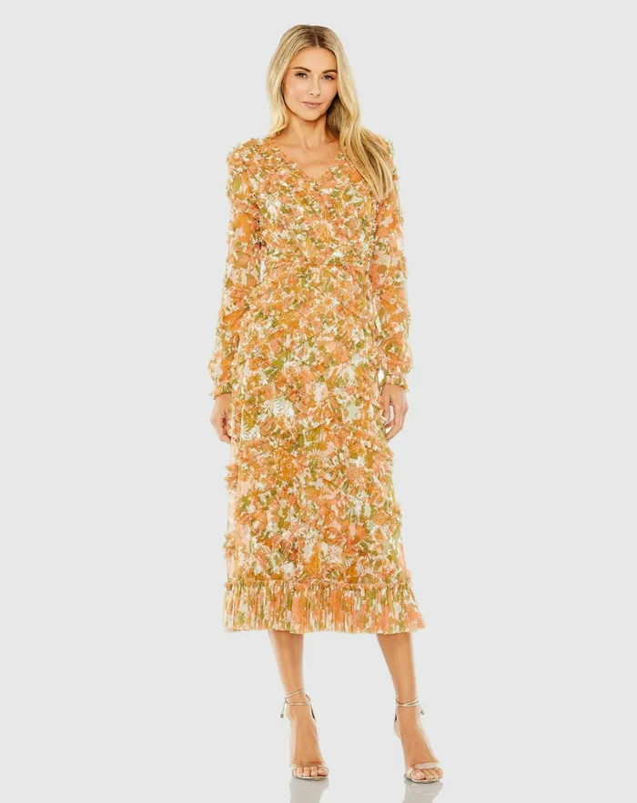 Daytime Dresses Mac Duggal Women Long Sleeve Low Back Floral V Neck Ruffle Dress Orange Multi Daytime Dresses Mac Duggal Women Long Sleeve Low Back Floral V Neck Ruffle Dress Orange Multi