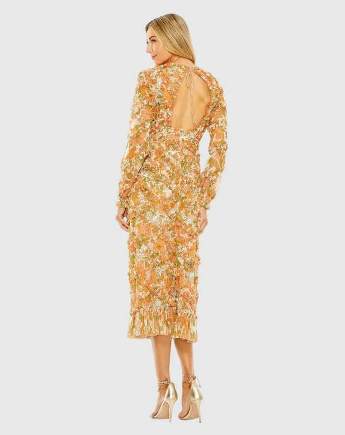 Daytime Dresses Mac Duggal Women Long Sleeve Low Back Floral V Neck Ruffle Dress Orange Multi