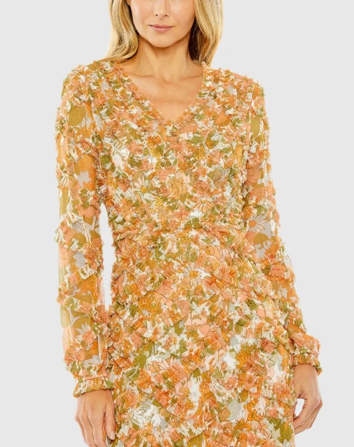 Daytime Dresses Mac Duggal Women Long Sleeve Low Back Floral V Neck Ruffle Dress Orange Multi