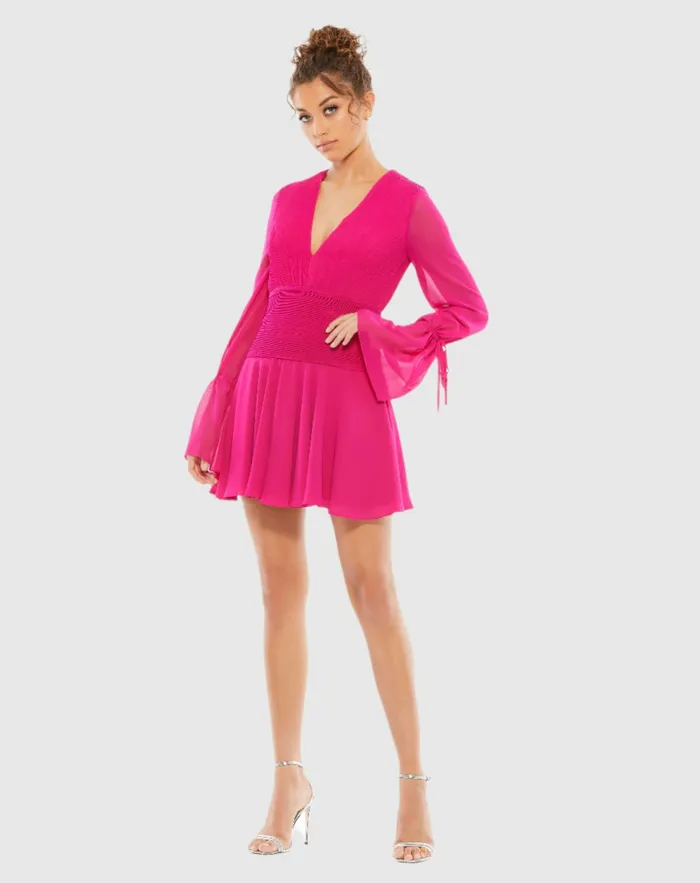 Daytime Dresses Pink Pleated Bell Sleeve Chiffon Mini Dress 8211 FINAL SALE Hot Pink Mac Duggal Women Daytime Dresses Pink Pleated Bell Sleeve Chiffon Mini Dress 8211 FINAL SALE Hot Pink Mac Duggal Women