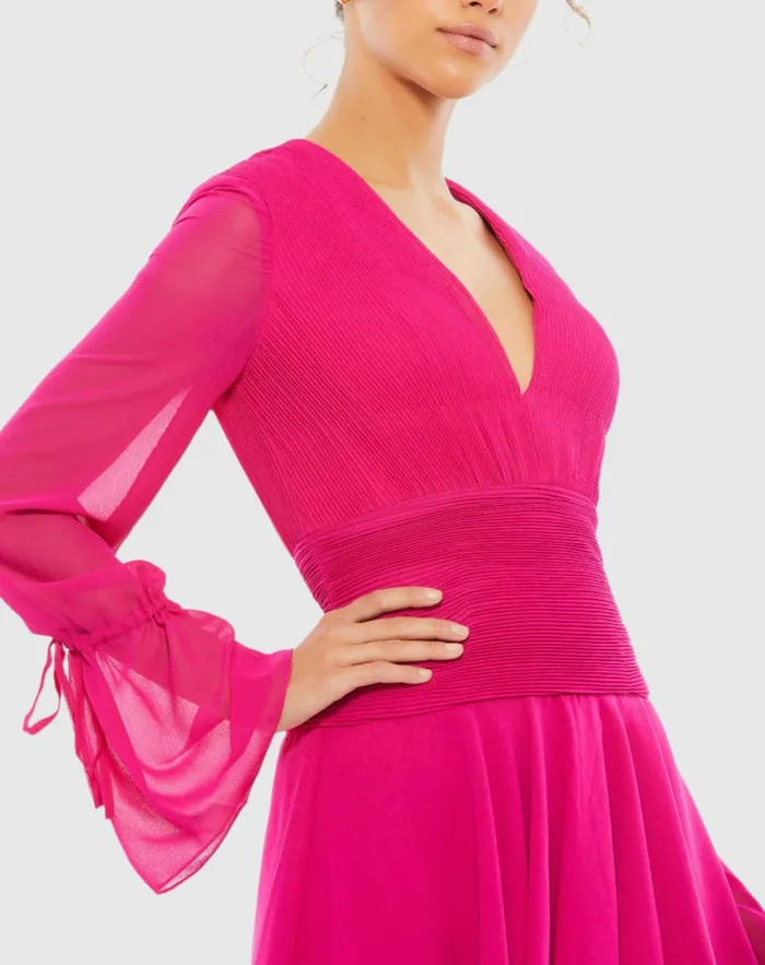 Daytime Dresses Pink Pleated Bell Sleeve Chiffon Mini Dress 8211 FINAL SALE Hot Pink Mac Duggal Women