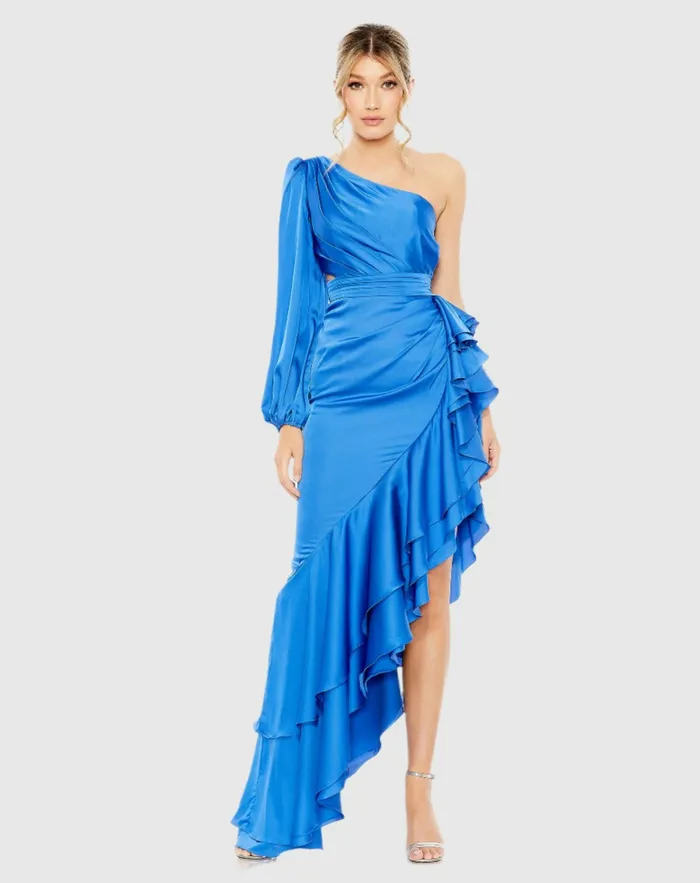Daytime Dresses Women Mac Duggal One Sleeve Cut Out Asymmetrical Ruffled Gown Cobalt Daytime Dresses Women Mac Duggal One Sleeve Cut Out Asymmetrical Ruffled Gown Cobalt
