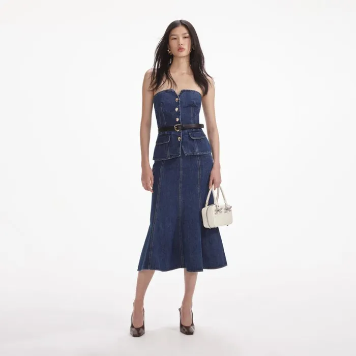 Denim Bandeau Midi Dress Women Self Portrait Dresses
