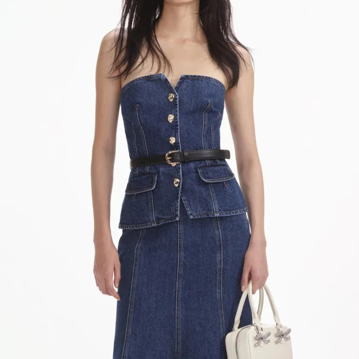 Denim Bandeau Midi Dress Women Self Portrait Dresses Denim Bandeau Midi Dress Women Self Portrait Dresses