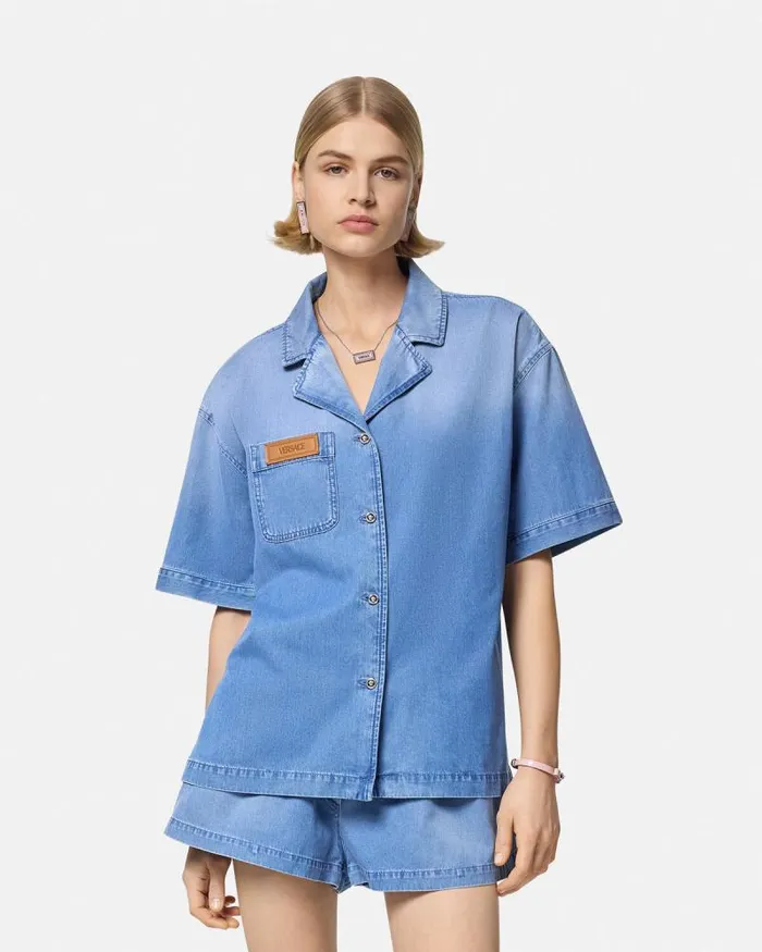 Denim Boxy Shirt Blue Women Versace Shirts and Tops