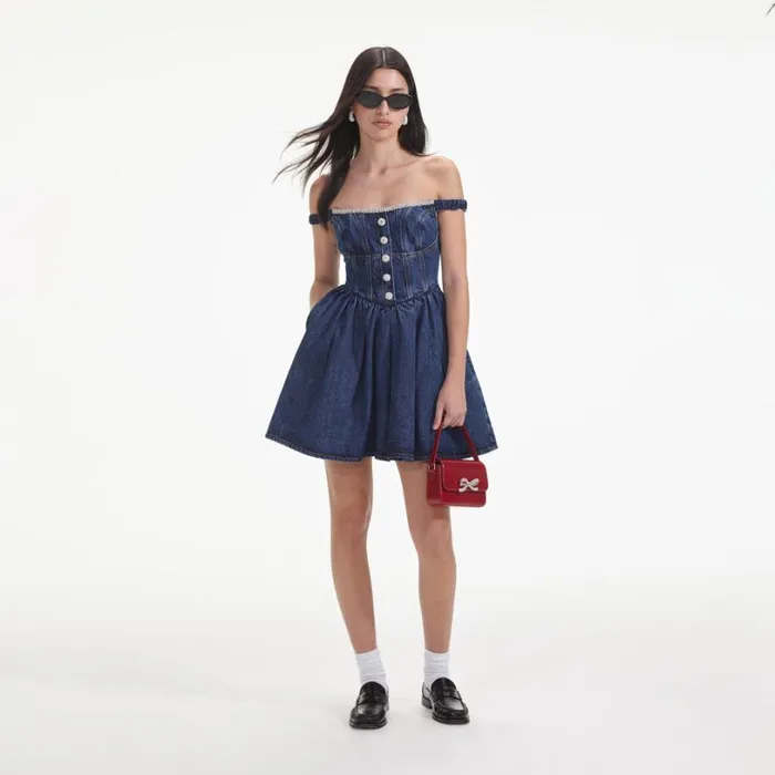Denim Off Shoulder Mini Dress Women Self Portrait Dresses