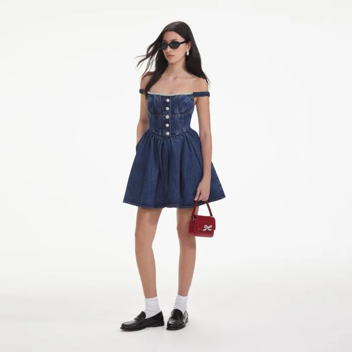 Denim Off Shoulder Mini Dress Women Self Portrait Dresses Denim Off Shoulder Mini Dress Women Self Portrait Dresses