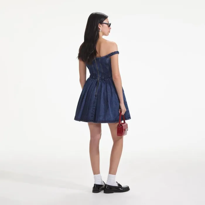 Denim Off Shoulder Mini Dress Women Self Portrait Dresses Denim Off Shoulder Mini Dress Women Self Portrait Dresses
