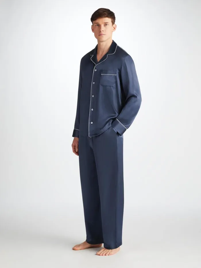 Derek Rose Long Pajamas Men Pajamas Bailey Silk Satin Navy