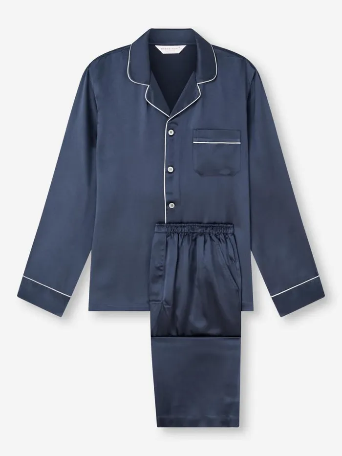 Derek Rose Long Pajamas Men Pajamas Bailey Silk Satin Navy