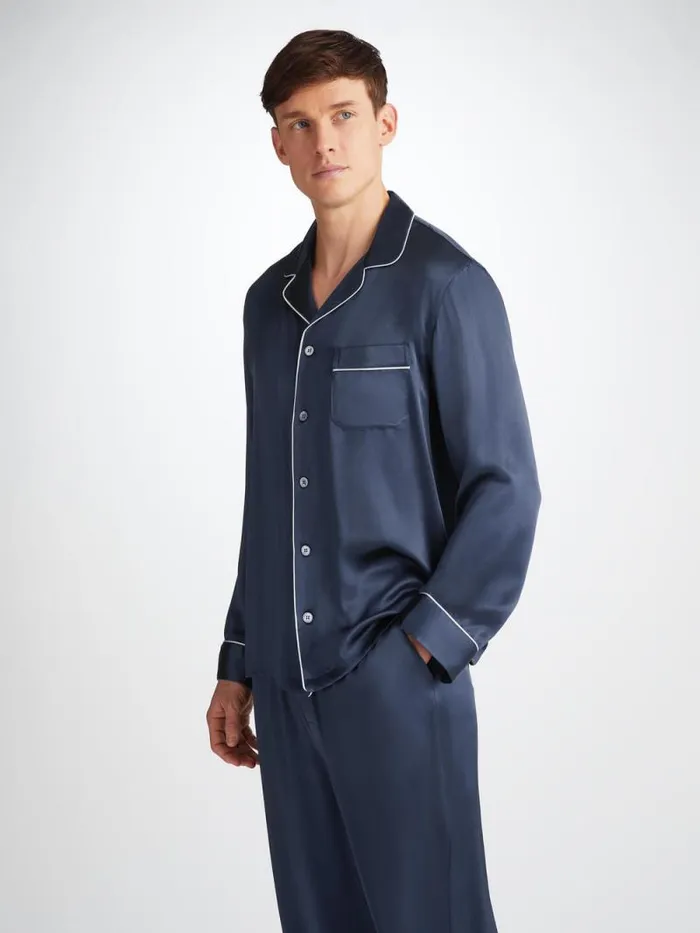 Derek Rose Long Pajamas Men Pajamas Bailey Silk Satin Navy
