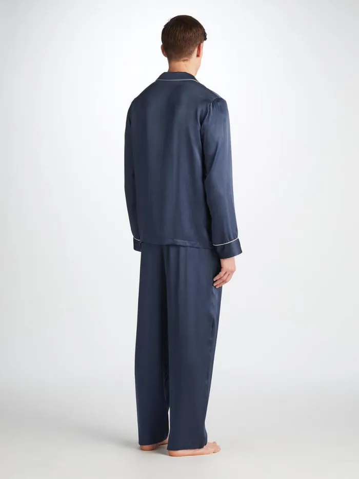 Derek Rose Long Pajamas Men Pajamas Bailey Silk Satin Navy