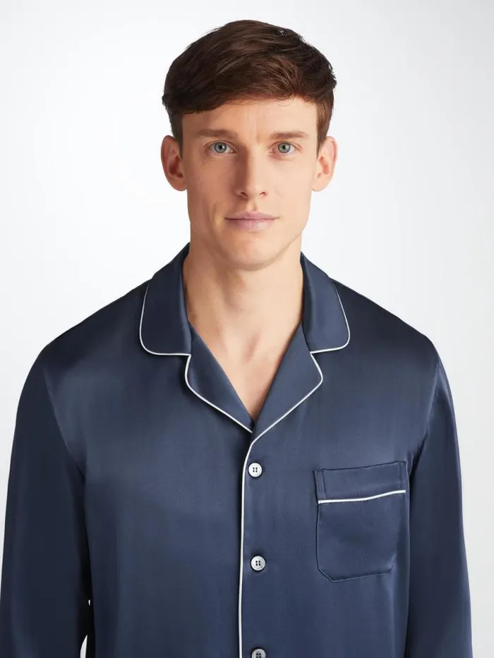 Derek Rose Long Pajamas Men Pajamas Bailey Silk Satin Navy