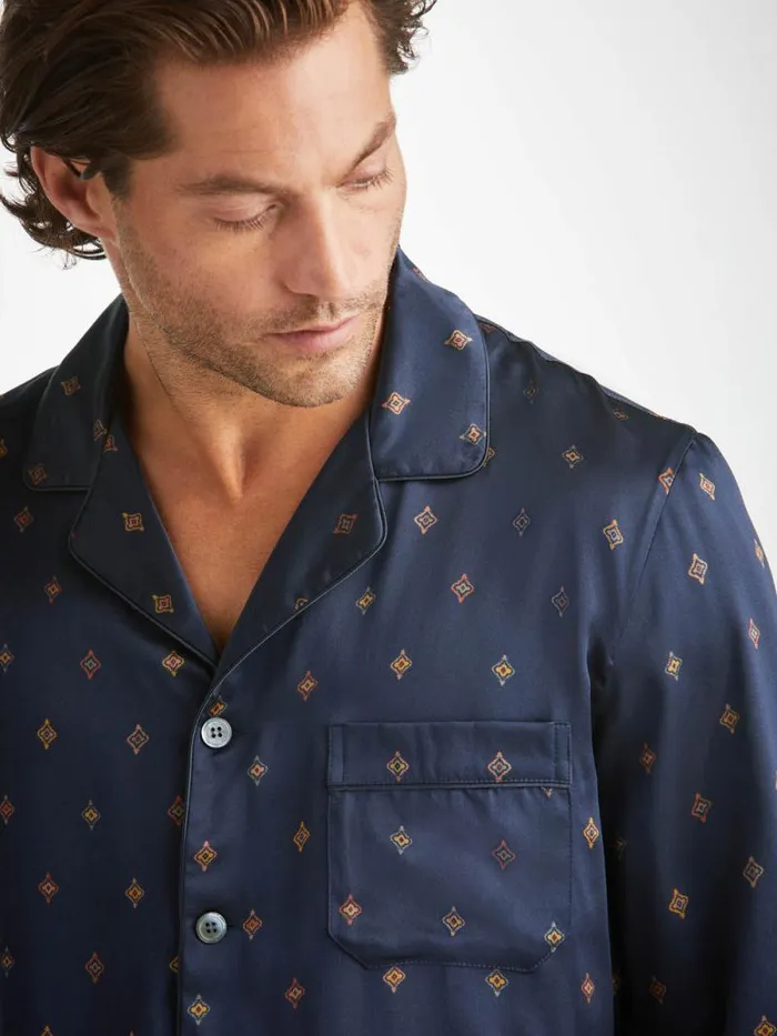 Derek Rose Long Pajamas Men Pajamas Brindisi 103 Silk Satin Navy