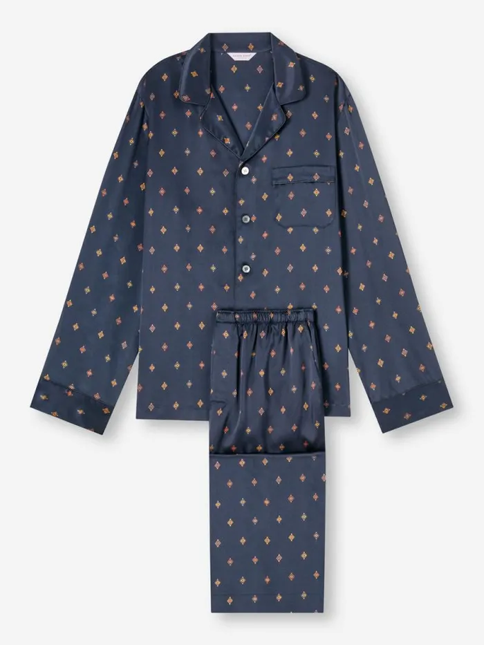 Derek Rose Long Pajamas Men Pajamas Brindisi 103 Silk Satin Navy