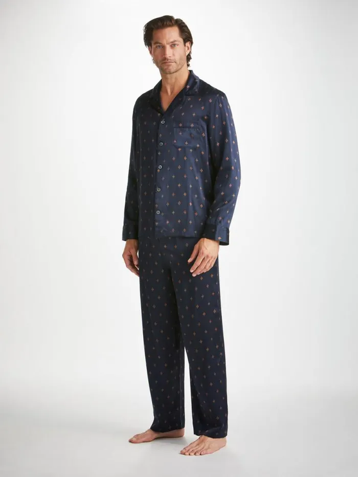 Derek Rose Long Pajamas Men Pajamas Brindisi 103 Silk Satin Navy
