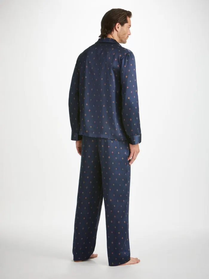 Derek Rose Long Pajamas Men Pajamas Brindisi 103 Silk Satin Navy