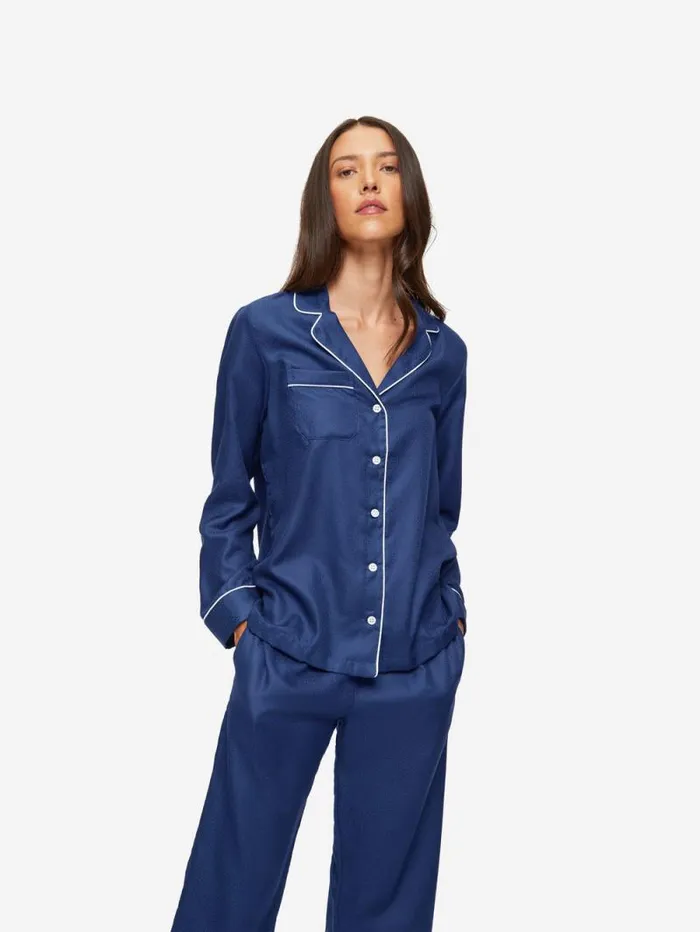 Derek Rose Long Pajamas Women Pajamas Lombard 6 Cotton Jacquard Navy