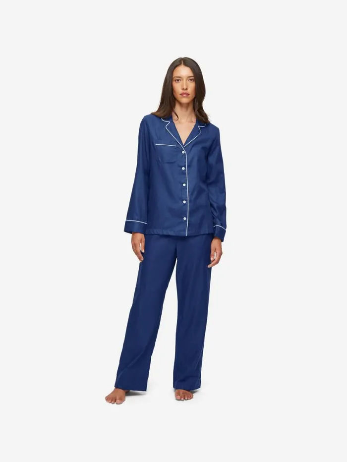 Derek Rose Long Pajamas Women Pajamas Lombard 6 Cotton Jacquard Navy