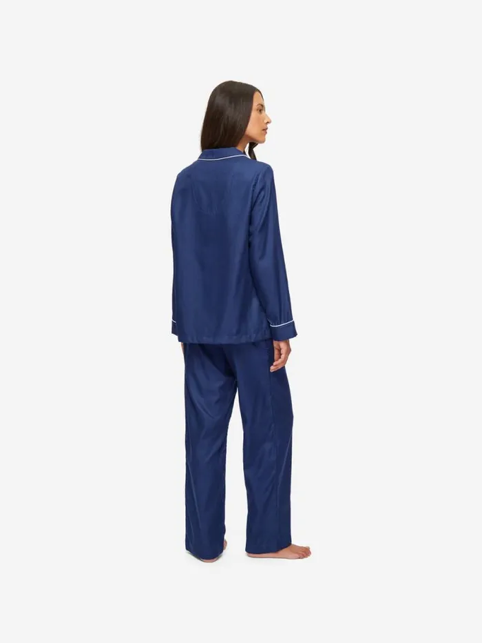 Derek Rose Long Pajamas Women Pajamas Lombard 6 Cotton Jacquard Navy