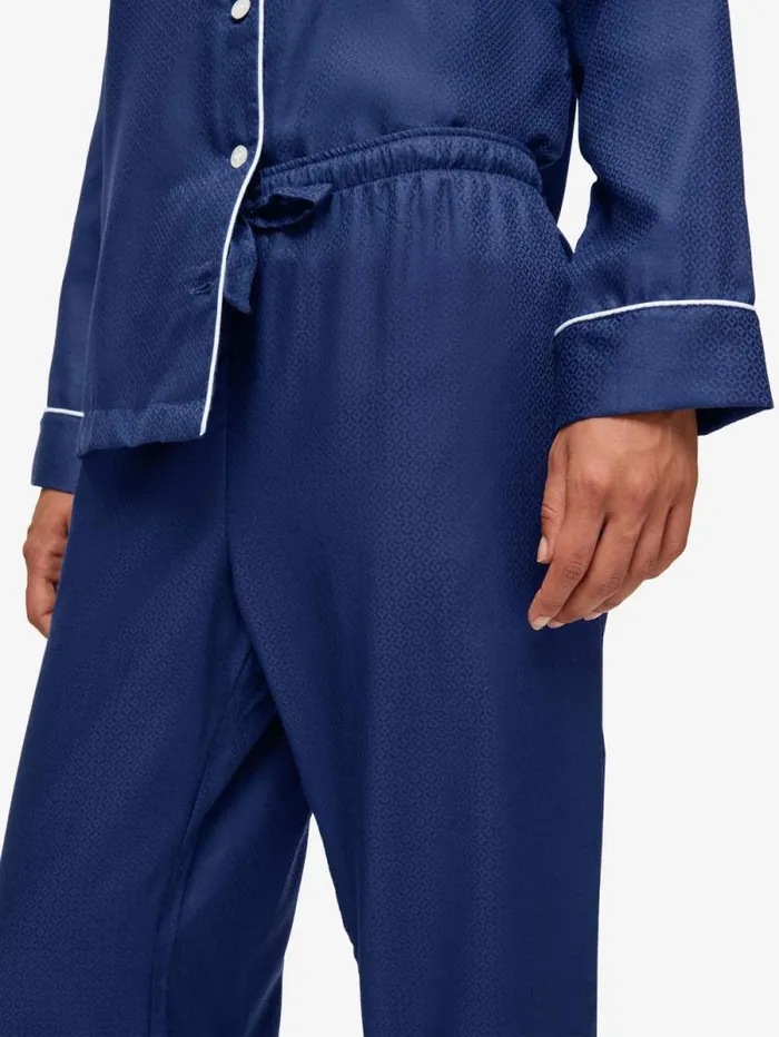 Derek Rose Long Pajamas Women Pajamas Lombard 6 Cotton Jacquard Navy