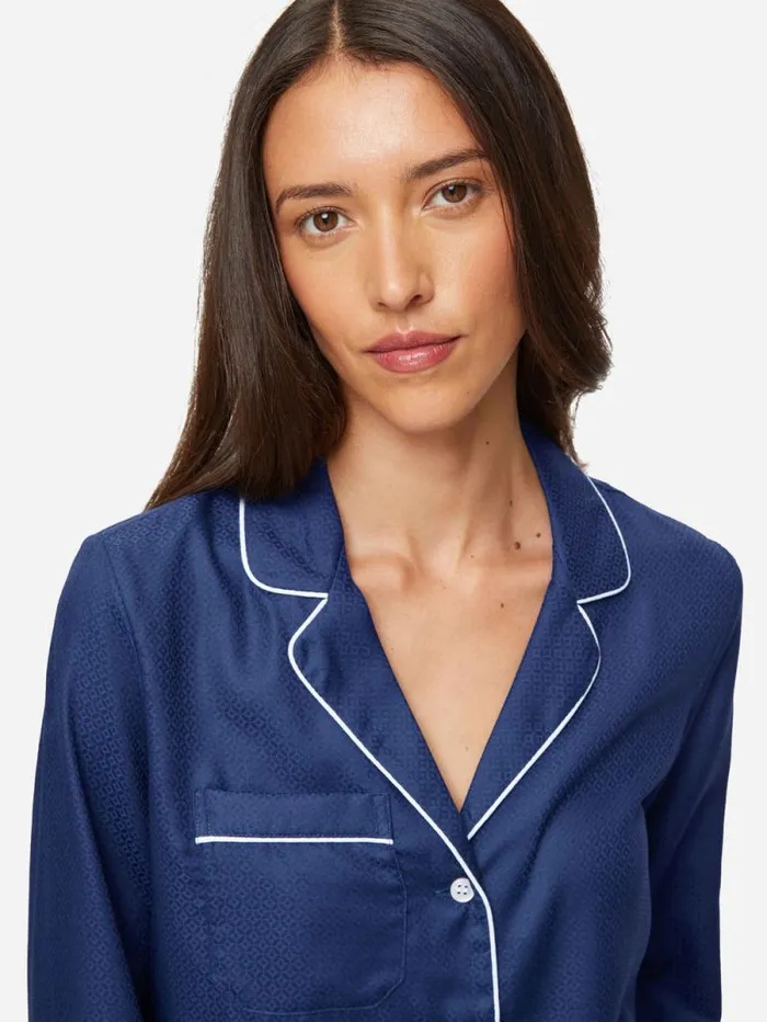 Derek Rose Long Pajamas Women Pajamas Lombard 6 Cotton Jacquard Navy