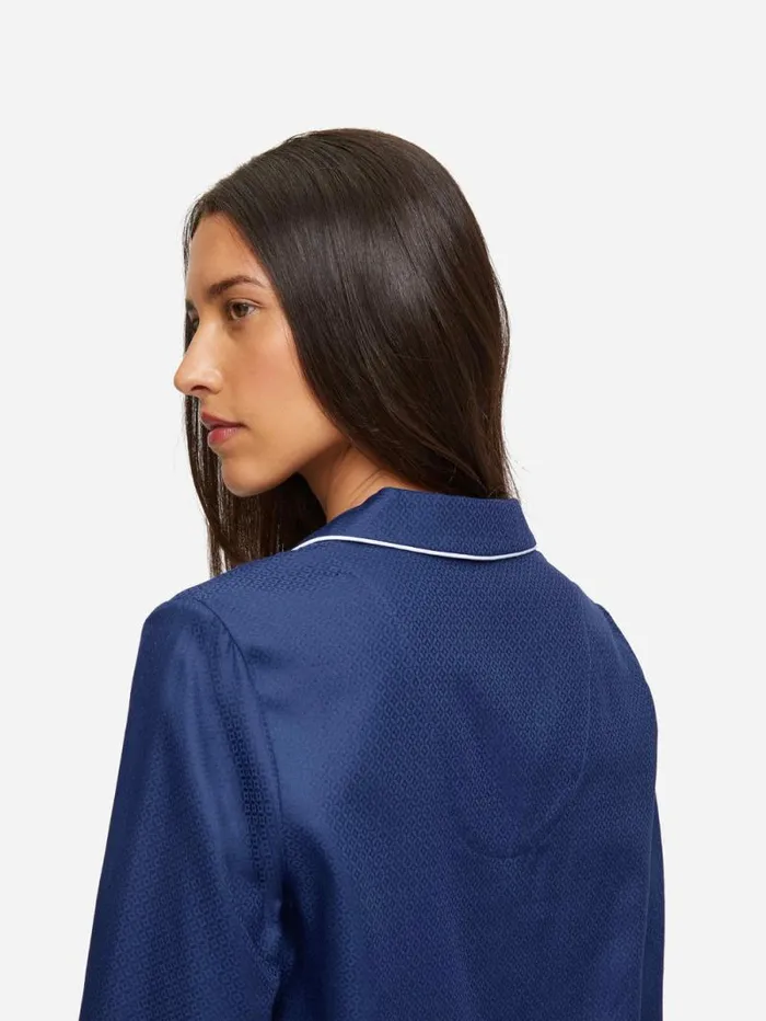 Derek Rose Long Pajamas Women Pajamas Lombard 6 Cotton Jacquard Navy