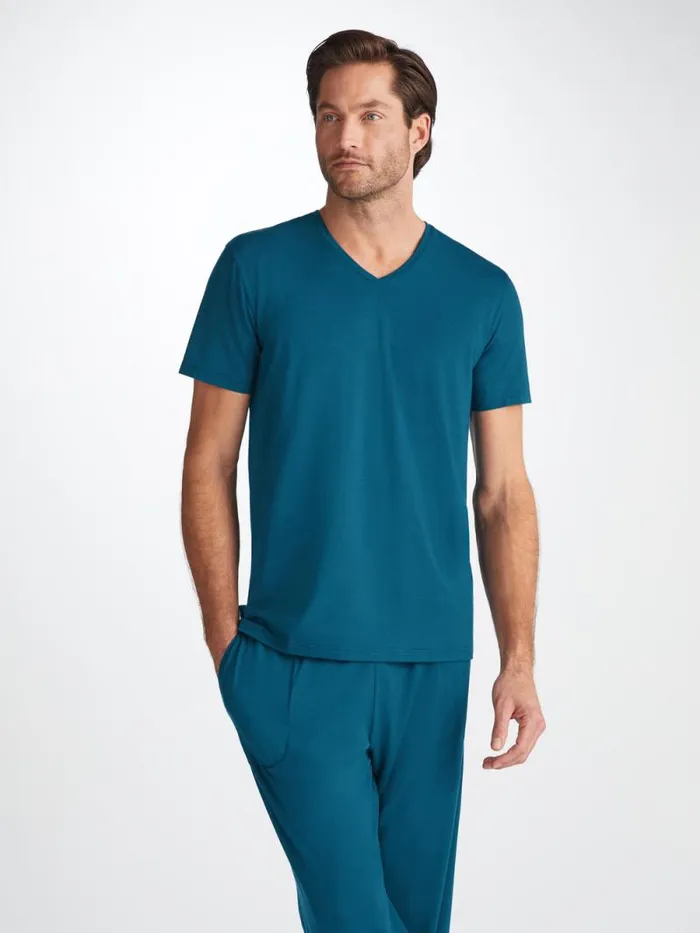 Derek Rose Short Sleeve TShirts Men VNeck TShirt Basel Micro Modal Stretch Poseidon Blue