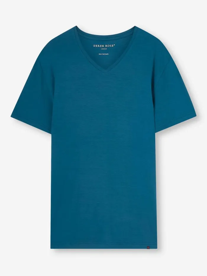 Derek Rose Short Sleeve TShirts Men VNeck TShirt Basel Micro Modal Stretch Poseidon Blue