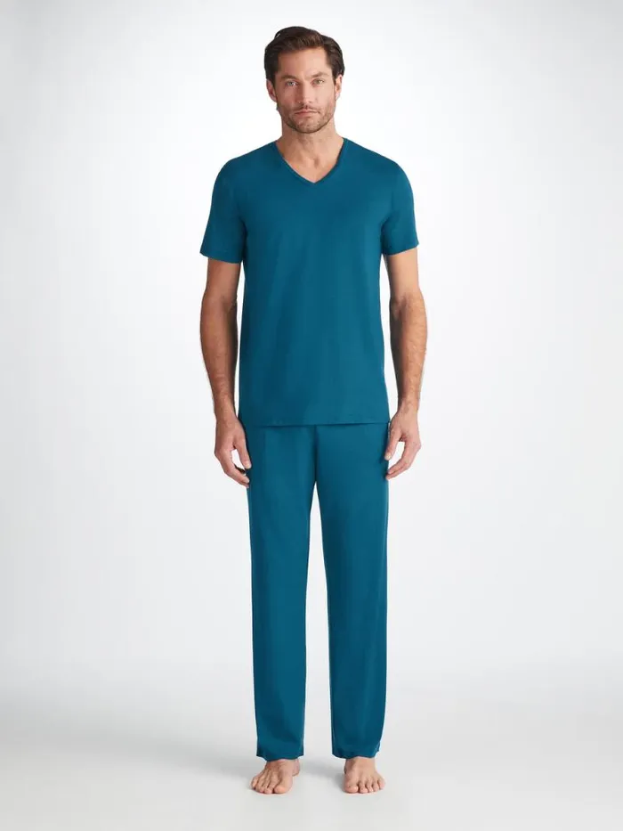 Derek Rose Short Sleeve TShirts Men VNeck TShirt Basel Micro Modal Stretch Poseidon Blue
