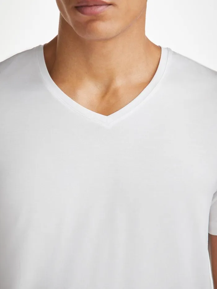 Derek Rose Short Sleeve TShirts Men VNeck TShirt Basel Micro Modal Stretch White