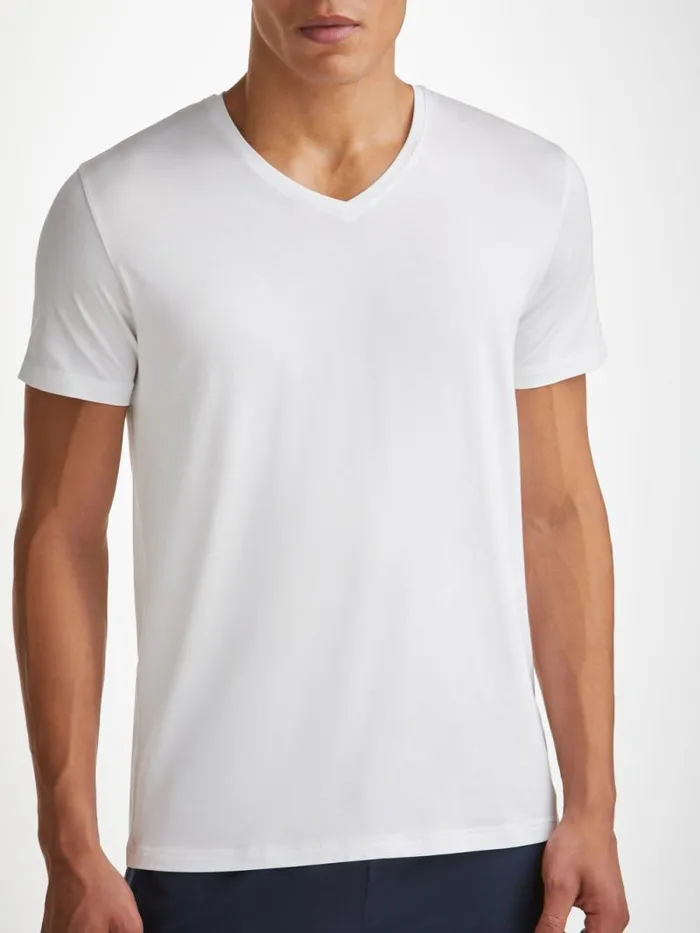 Derek Rose Short Sleeve TShirts Men VNeck TShirt Basel Micro Modal Stretch White