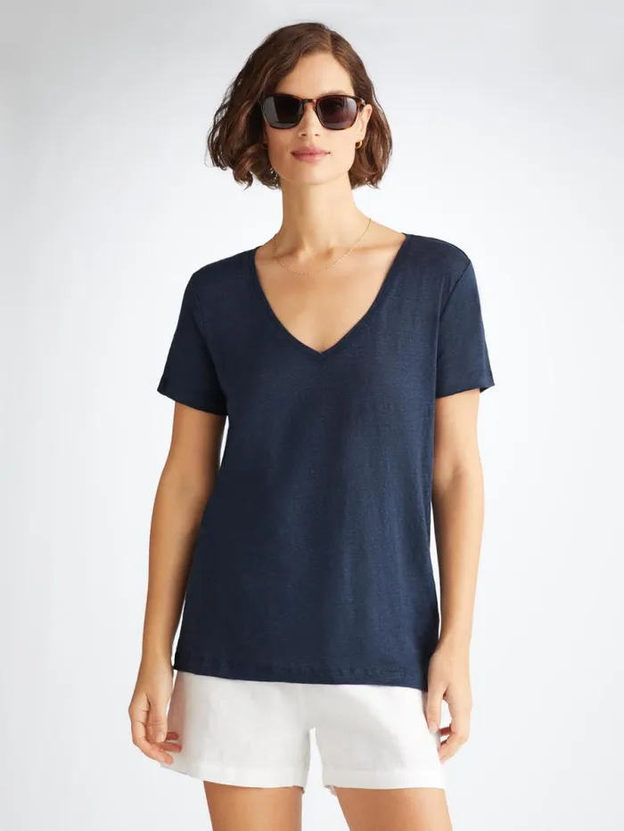 Derek Rose Short Sleeve TShirts Women VNeck TShirt Jordan Linen Navy