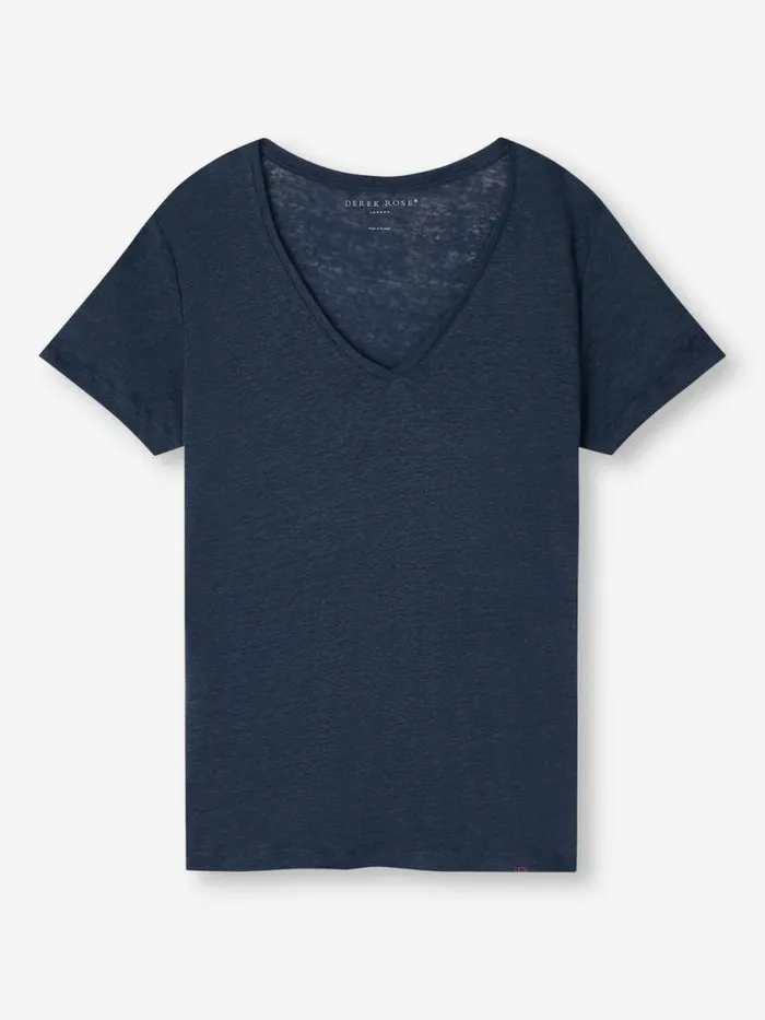 Derek Rose Short Sleeve TShirts Women VNeck TShirt Jordan Linen Navy