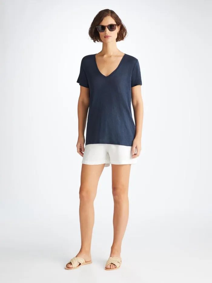 Derek Rose Short Sleeve TShirts Women VNeck TShirt Jordan Linen Navy