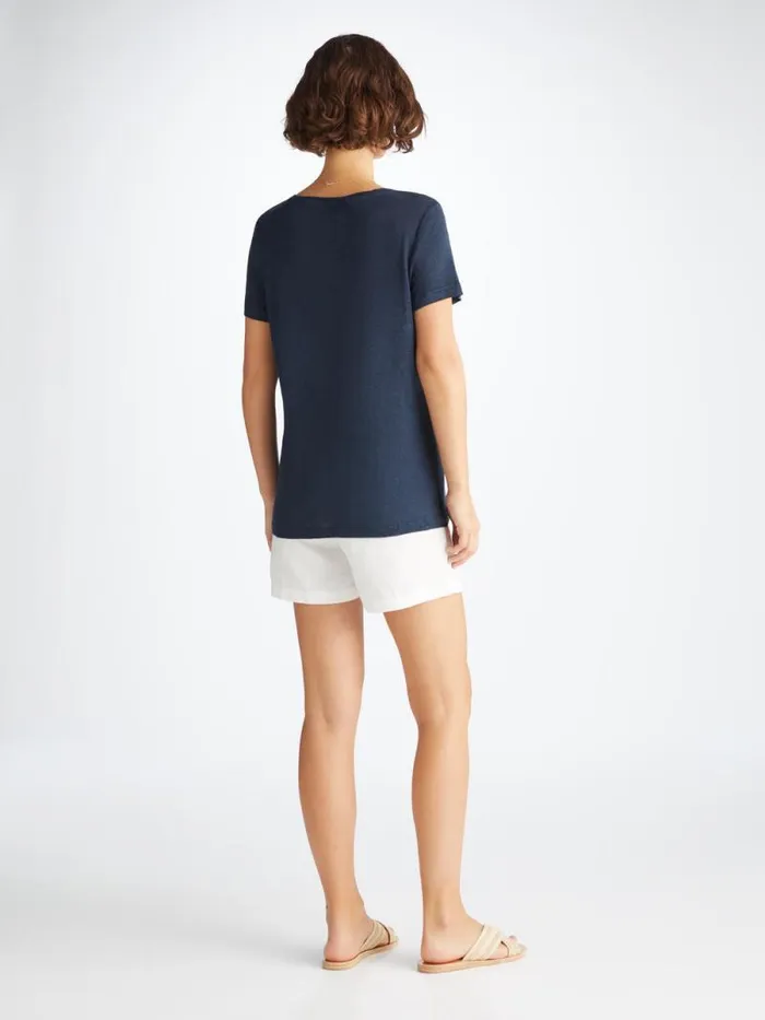 Derek Rose Short Sleeve TShirts Women VNeck TShirt Jordan Linen Navy