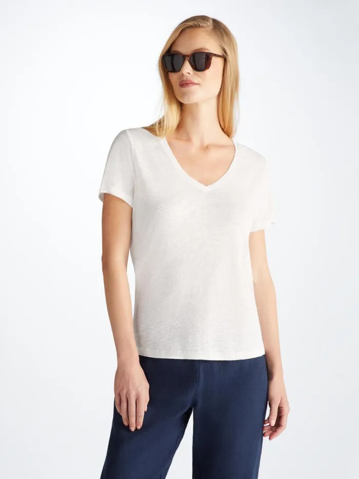 Derek Rose Short Sleeve TShirts Women VNeck TShirt Jordan Linen White