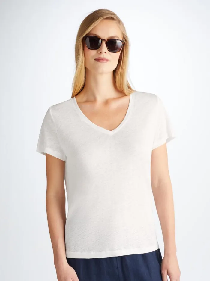 Derek Rose Short Sleeve TShirts Women VNeck TShirt Jordan Linen White