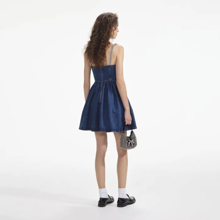 Diamante Denim Flared Mini Dress Women Self Portrait Dresses Diamante Denim Flared Mini Dress Women Self Portrait Dresses