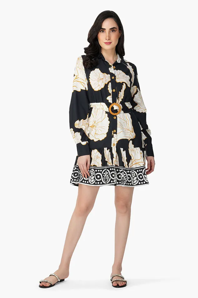 Dresses America and Beyond Women Black And White Floral Daze Printed Short Dress