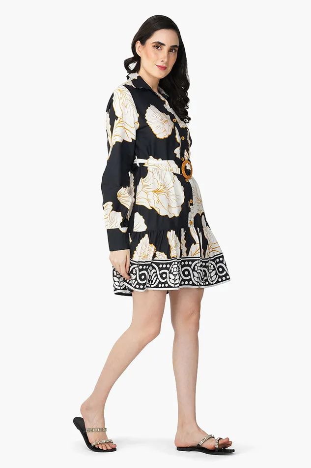 Dresses America and Beyond Women Black And White Floral Daze Printed Short Dress