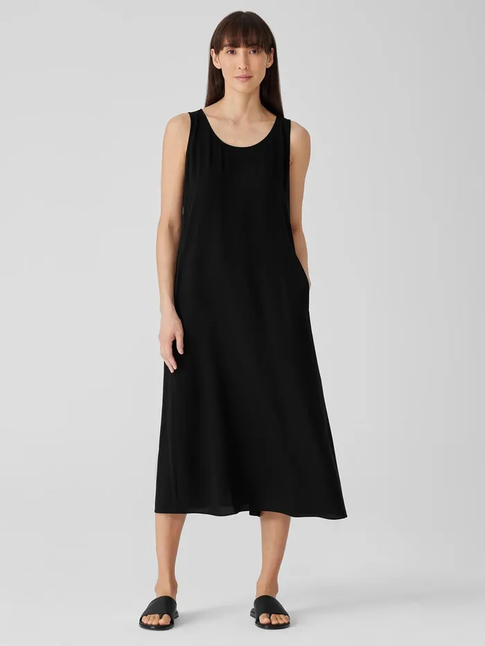 Dresses and Skirts Women Eileen Fisher Silk Georgette Crepe Scoop Neck Dress Black